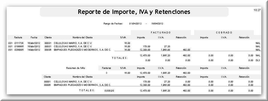 Reporte de Importe, IVA y Retención